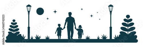 A silhouette of a father walking with two children in a park at night under the stars and the moon light