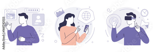 Illustration of a man using a digital interface, a woman analyzing data on her mobile phone, and a man experiencing virtual reality