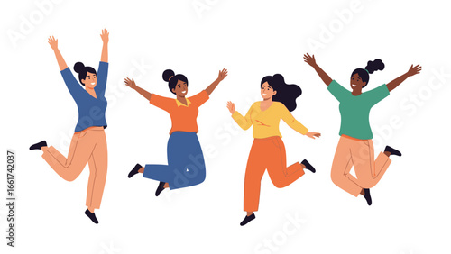 Joyful Leap: A vibrant illustration of diverse women celebrating with a joyous jump, capturing the spirit of fun and freedom. 
