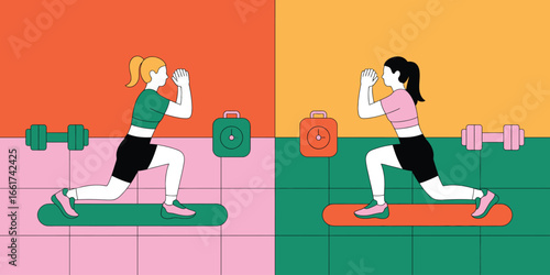 Two women doing lunges with dumbbells and timers in a colorful split screen exercise illustration