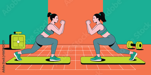 Two women doing lunges on yoga mats with a dumbbell and a timer in a colorful workout room setting