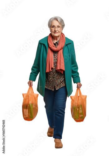 Elderly Woman Carrying Grocery Bags and Walking Forward Cut Out PNG.