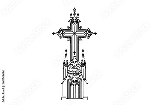 A detailed line drawing depicts a gothic cross atop an elaborate structure, suitable for coloring books or architectural designs.