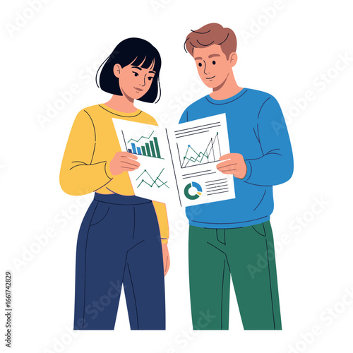 Analyzing Analytics: A focused duo reviews financial data, poring over charts and graphs, in this dynamic scene capturing business insights.