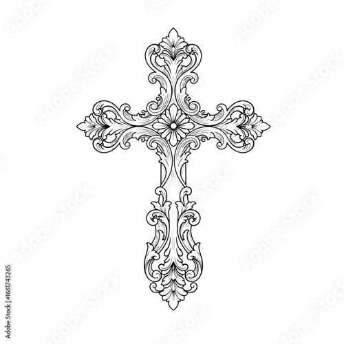 An ornate cross design featuring floral and swirling leaf elements is rendered in black and white, suitable for religious art or tattoo design.