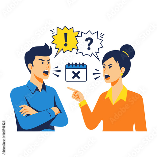 Conflict and Disagreement: An illustration of two figures engaged in a heated argument, expressing strong disapproval over a calendar date marked with an 'X', symbolizing a canceled appointment.