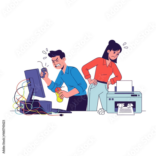 Office Frustration: The cartoon illustrates two people in a cluttered office experiencing technological troubles.
