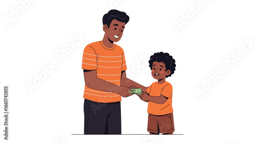 Shared Currency: A father graciously hands over money to his child, showcasing an engaging illustration of financial understanding.