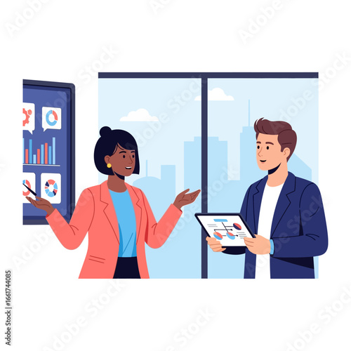 Business Presentation: Two professionals, a man and woman, collaborate on a project, presenting data, with clear office view and building.