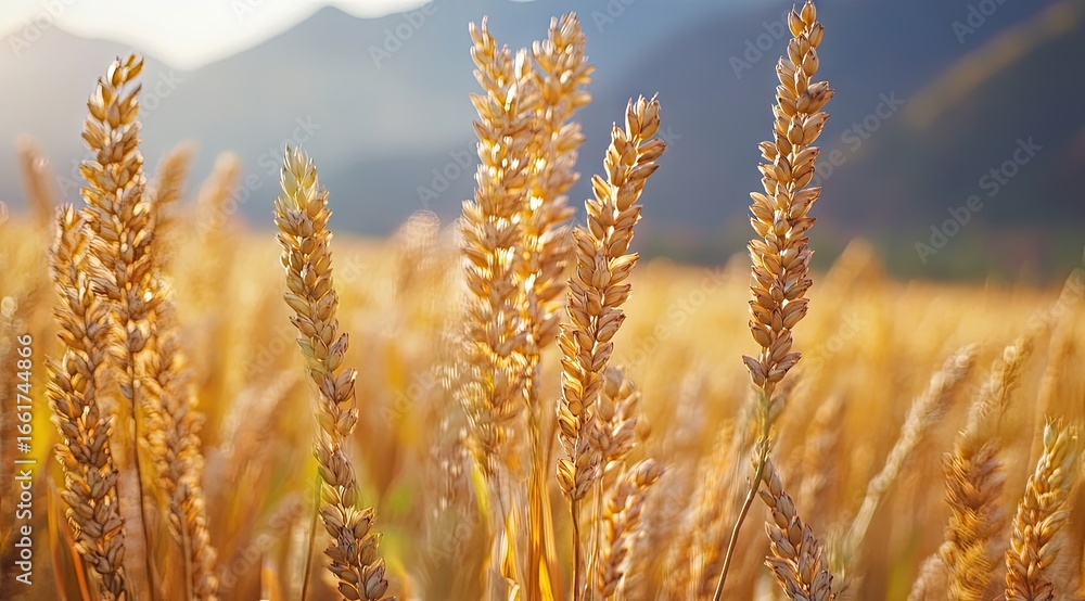 Fototapeta premium Golden wheat field bathed in sunlight