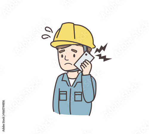 電話対応で困る男性作業員のイラスト