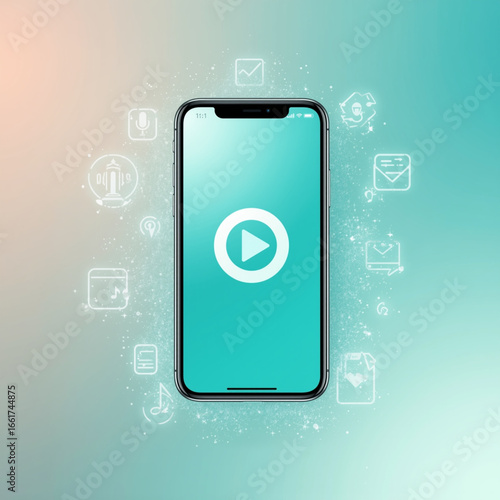 Vector Illustration of Smartphone Playing Product Demo with Glowing Icons