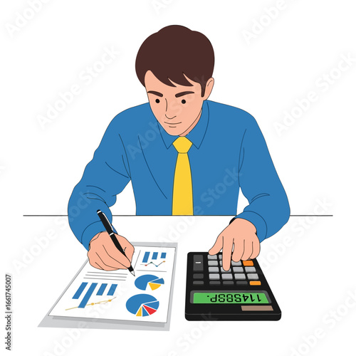 Financial Planning and Calculation: A focused individual meticulously reviews financial reports and uses a calculator to make calculations, symbolizing financial planning and management.