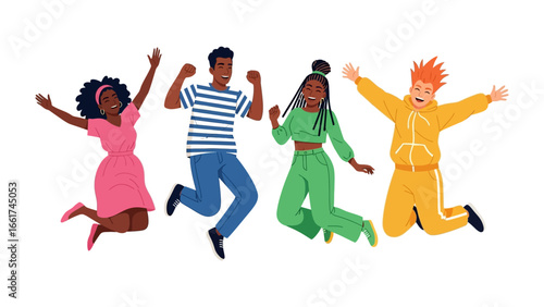 Joyful Leap: A colorful illustration shows diverse individuals exuberantly leaping, full of glee, embodying a spirited zest for life and positive attitudes. 