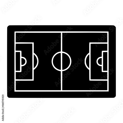 Illustration of a soccer field with a center circle and goals on each end in black and white design