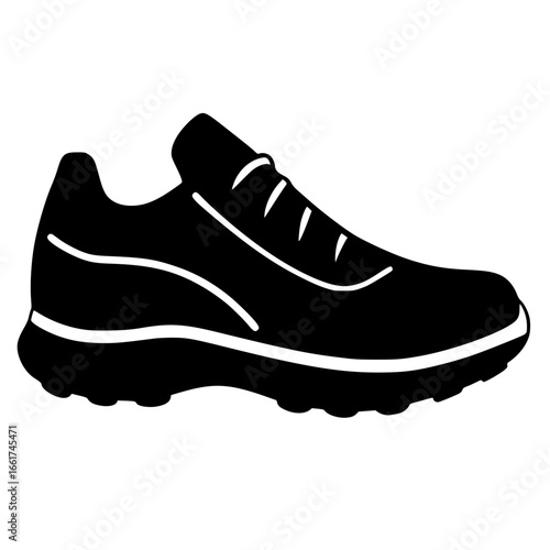 Silhouette of a running shoe featuring a curved design on the side and visible laces for secure fit