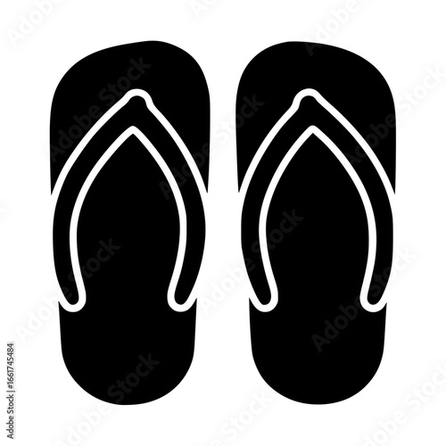 Two black flip flops with white straps isolated on a white background in a simple vector graphic style