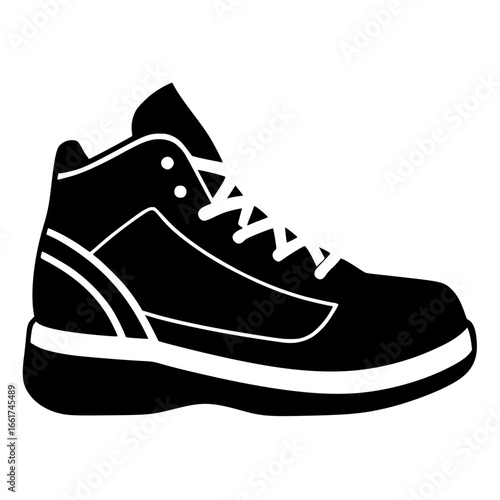 Silhouette of a high top sneaker with white laces and a thick white sole on a plain background image