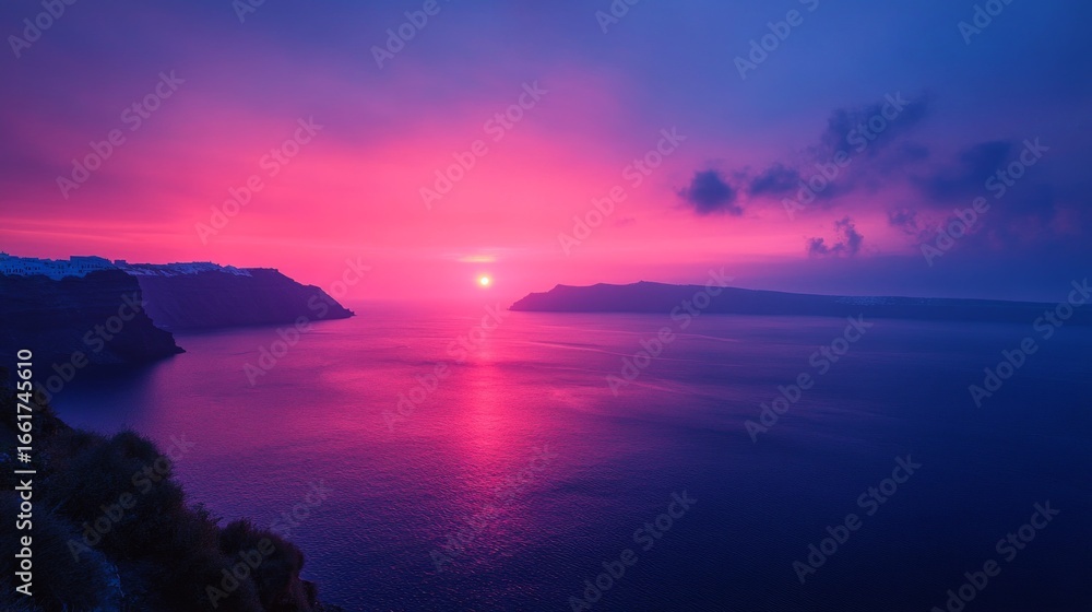 Obraz premium Sunset over the sea with a pink sky and mountain silhouettes — suitable for cover designs, travel blogs, and meditation apps.