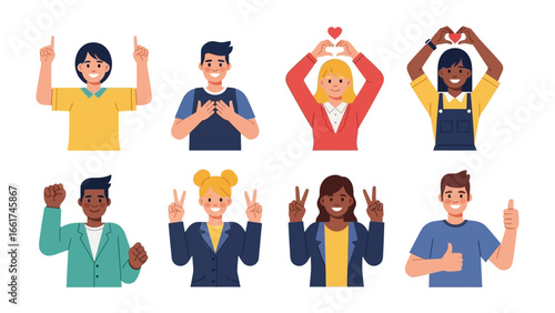 Gestures of Human Expression: A vibrant illustration depicting a diverse ensemble of individuals communicating emotions and messages through expressive hand gestures.