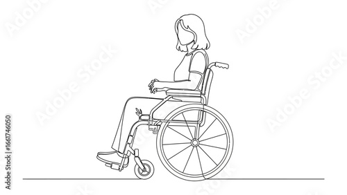 Continuous Line Illustration of Person in Wheelchair: A captivating minimalist continuous line drawing, depicting an individual in a wheelchair, highlighting themes of mobility, accessibility.