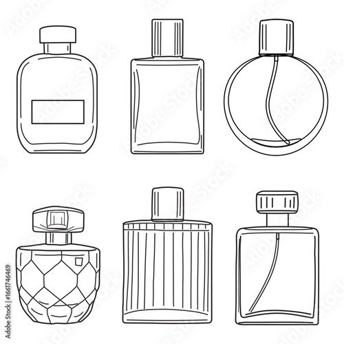 Hand drawn perfume bottle set ,Minimal icon, Beauty fashion print, banner, perfume botlle mockup, bottle mockups, glass bottle, fabric, glass jar,fragrance, spray,Vector illustration