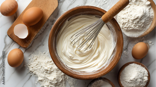 A whisk folding egg into cake batter in a glass mixing bowl preparing for baking, Surrounded by flour and eggs on the table at kitchen room
