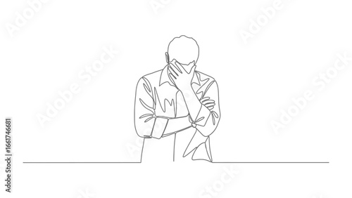 A Moment of Despair: A lone individual, silhouetted in a continuous line, embodies dejection, their face concealed as if overwhelmed by sadness.