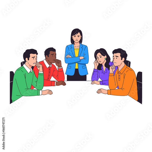 Uncertainty in Boardroom: A tense boardroom scene with colleagues sharing worried expressions around a table, overseen by an authoritative figure.