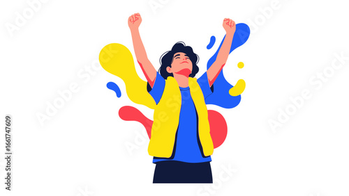 Triumphant Youthful Expression: An illustrated child embodies exhilaration, raising their arms against a backdrop of artistic splashes
