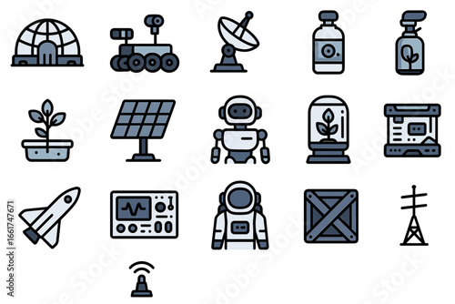Futuristic space and science icons featuring robots and spacecraft imagery