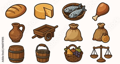 Medieval market items collection: bread cheese fish jug cart sacks barrel candle