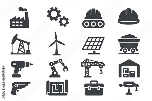 Industrial equipment icons: factory, machinery, tools, energy, construction