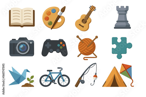 Collection of hobby icons: art, music, gaming, crafting, and outdoor activities