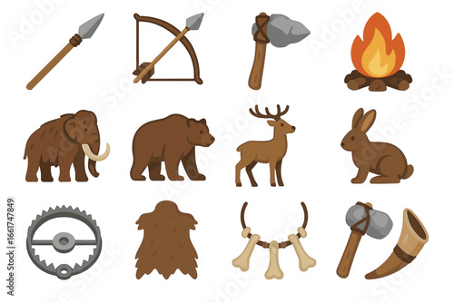 Collection of prehistoric tools and animals with fire and hunting themes