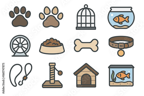Pet supplies icons: paw prints, fish bowl, dog house, and more