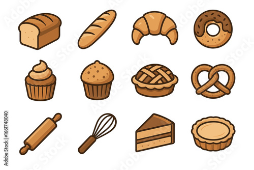 Assorted baked goods icons: bread, pastry, doughnut, cake, pie, pretzel, rolling pin, whisk