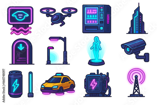 Futuristic technology icons featuring drones, smart cities, and virtual interfaces