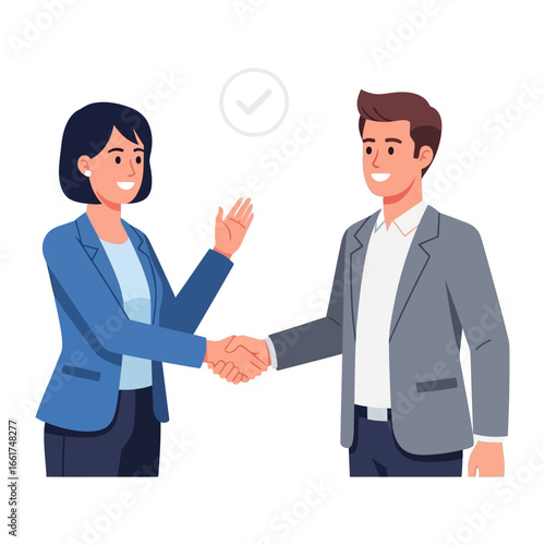 Professional Partnership: Two smiling business associates seal an agreement with a firm handshake, the picture conveying confidence, agreement, and cooperation.