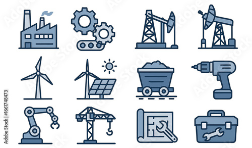 Industrial icons set: energy, construction, and automation symbols in blue