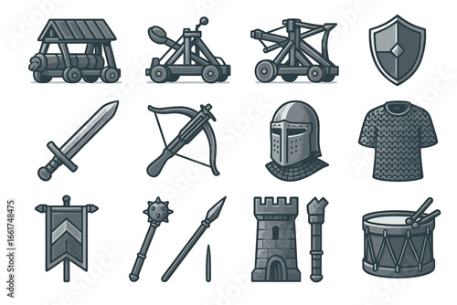 Medieval warfare icons set featuring weapons, armor, and siege equipment