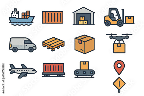 Icon set: shipping and logistics with vehicles, containers, and warehouse