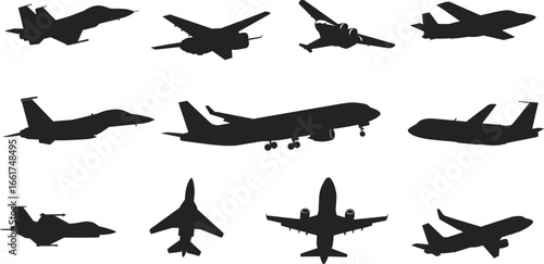 Airplane silhouette vector, jet aircraft icon, passenger plane graphic, military jet illustration, aviation design, flying plane symbol, black aircraft outline