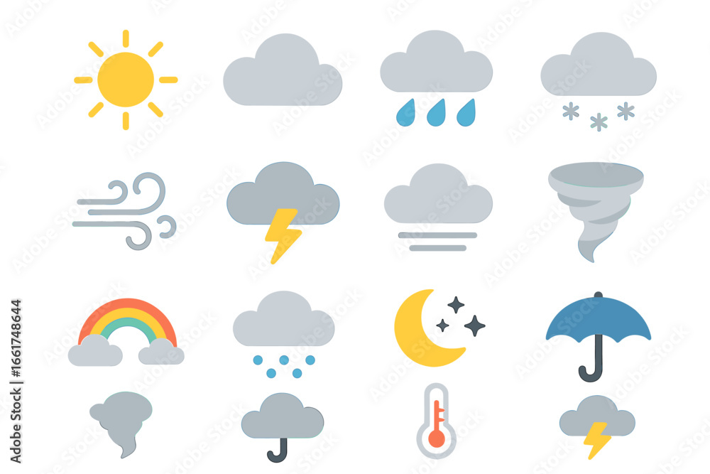 Obraz premium Weather icons collection featuring sun, rain, clouds, and storm symbols