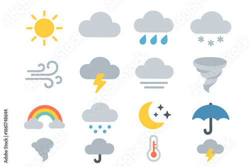 Weather icons collection featuring sun, rain, clouds, and storm symbols