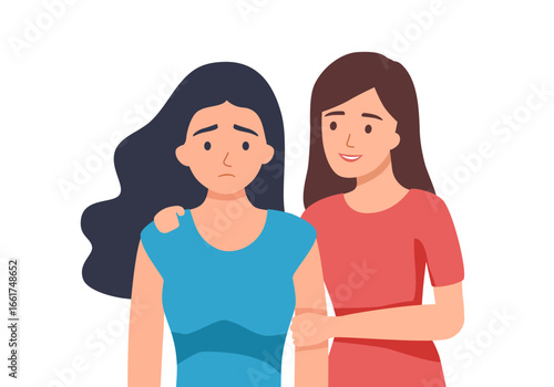 Friends are trying to help in friend's relationship crisis with psychological therapy talking. Concept of empathy and emotional feeling support with people problems. Flat cartoon vector illustration