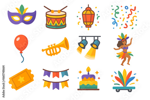Carnival symbols: colorful masks, instruments, dancer, and festive icons