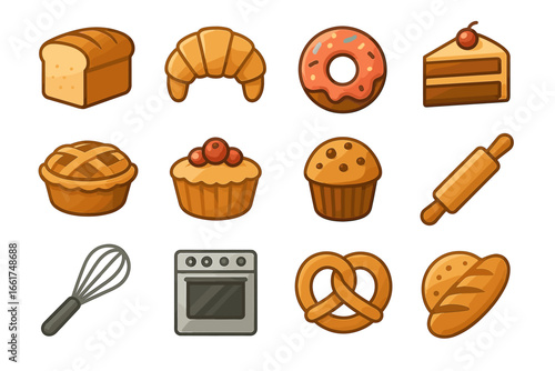 Collection of bakery icons including bread, pastries, and baking tools