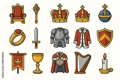 Collection of medieval royal accessories and symbols with crowns and armor