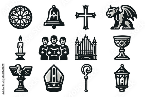 Gothic church icons set: choir, gargoyle, candle, cross, bell, chalice, organ, miter, lantern
